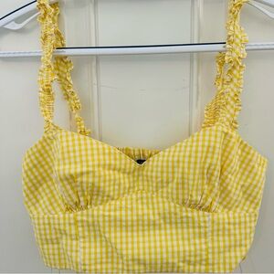 ZARA Tank Top S | Yellow Gingham Cropped V-Neck Ruffle Straps